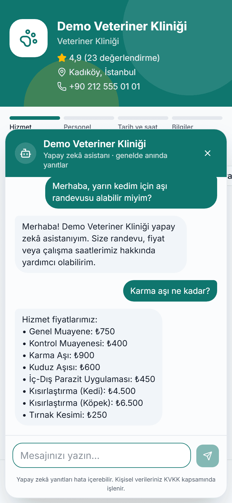 Randevu sayfasındaki AI resepsiyonist sohbeti
