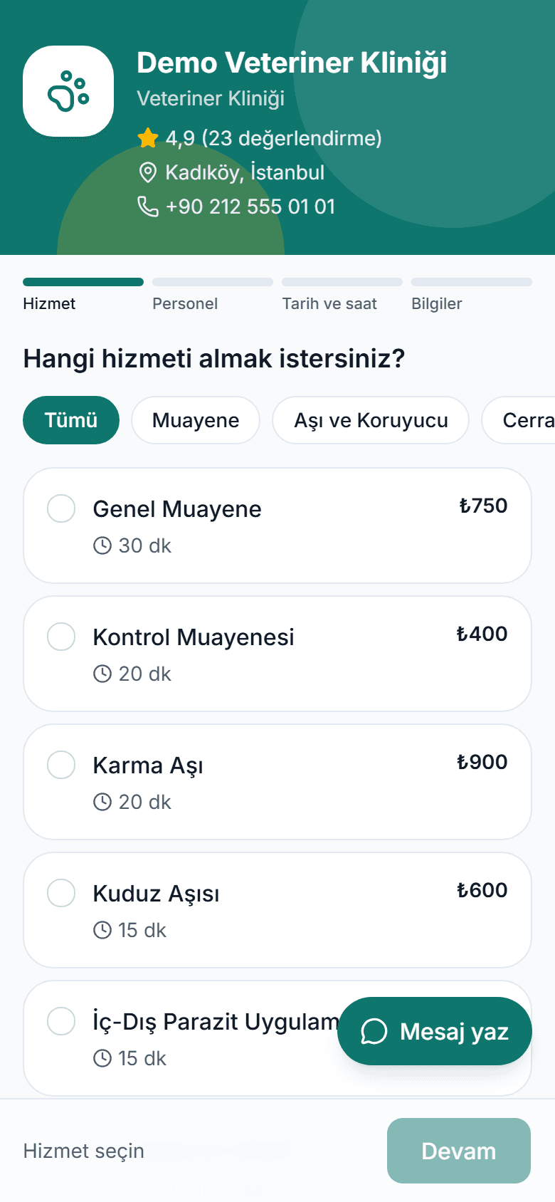 Müşterinin telefondan gördüğü randevu sayfası